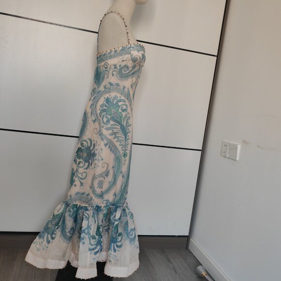 Zimmerman blue polka dot corduroy ultra-long dress with straps as evening gown - Picture 3 of 11